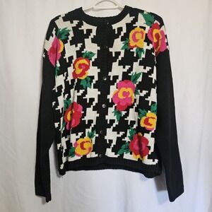 Vintage Floral Houndstooth Knit Cardigan Sweater Black White Bold Retro 80s